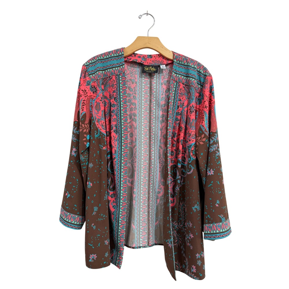Bob Mackie Wearable Art Paisley Floral Open Front Cardigan Jacket Brown Pink 1X